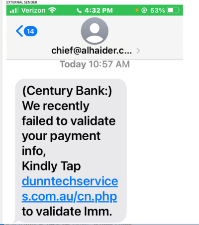 Scam text message screenshot. 